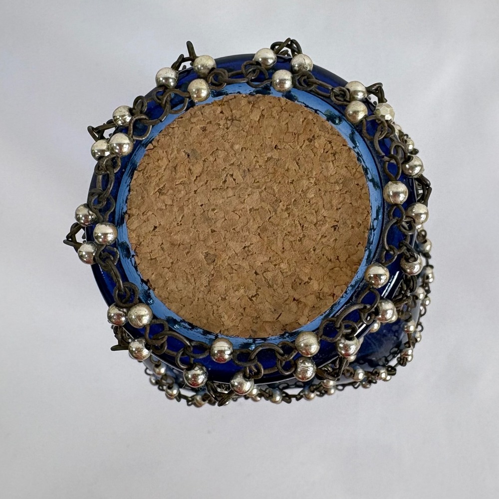 Vintage Bottle Cobalt Blue Recycled Glass Cork Decorative Chain Net Made Spain - Picture 5 of 8